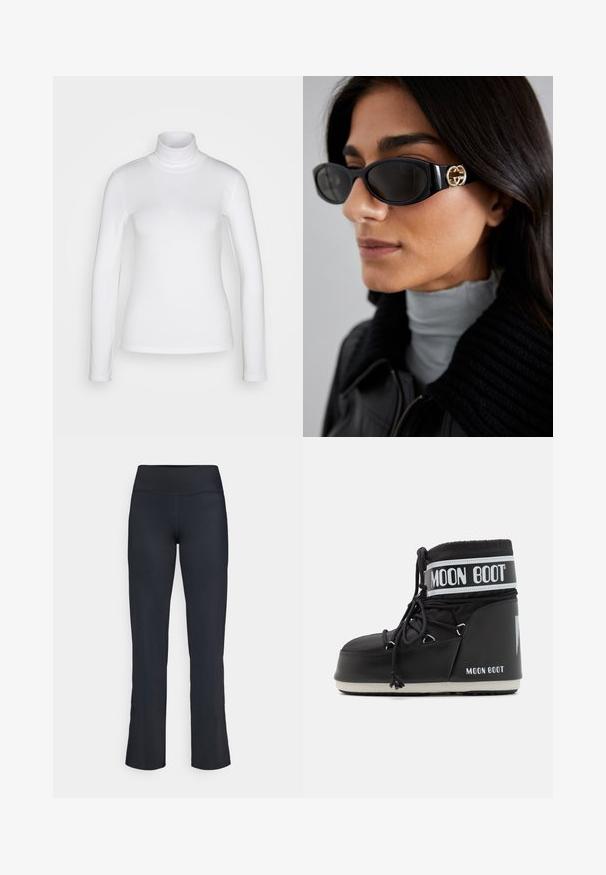 Fehér, hosszú ujjú garbó póló, sima, rugalmas anyagból készült. Szoros illeszkedésű és magas gallérral rendelkezik. Nincsenek látható minták vagy díszítések.; Fekete sportnadrág magas derékkal. Simább, rugalmas anyagból készült, lábellítós fazonú, minimális varrási részletekkel.; Fekete Moon Boot párnázott felsőrésszel, fűzővel rögzítve, jellegzetes fehér szalaggal, amelyen a logo található. Vastag, texturált gumitalp.; Fekete napszemüveg, sima, téglalap alakú kerettel, arany logóval az oldalon. Sötét lencsék és fényes felület jellemzi.