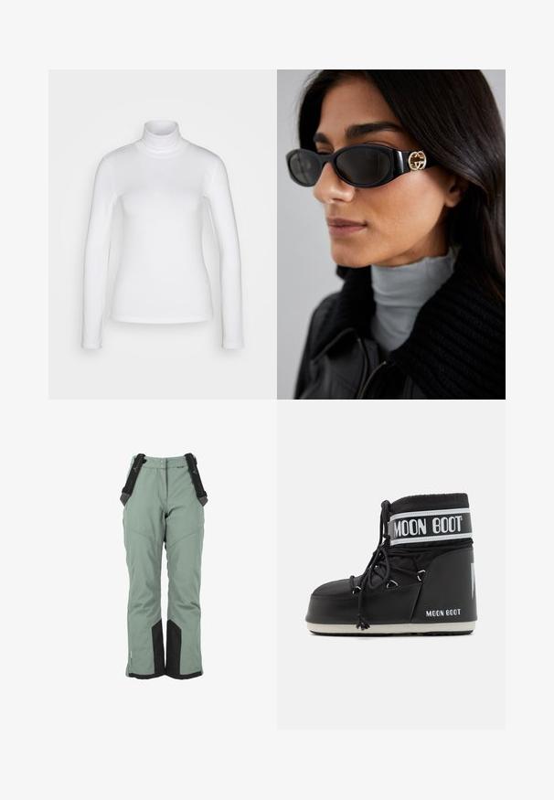 Hvid langærmet mærket skjorte lavet af et glat, strækbart stof. Har en tætsiddende pasform og en høj krave. Ingen synlige mønstre eller detaljer.; Grønne skibukser med justerbare sorte seler, forstærkede sorte detaljer ved anklerne og en let tilspidset form for komfort.; Sort Moon Boot med en polstret overdel, sikret med snørebånd og et karakteristisk hvidt bånd med logoet. Tykk, struktureret gummi sål.; Sorte solbriller med en strømlinet rektangulær ramme og en guld logoaccent på siden. Mørke linser og blank overflade er fremtrædende.
