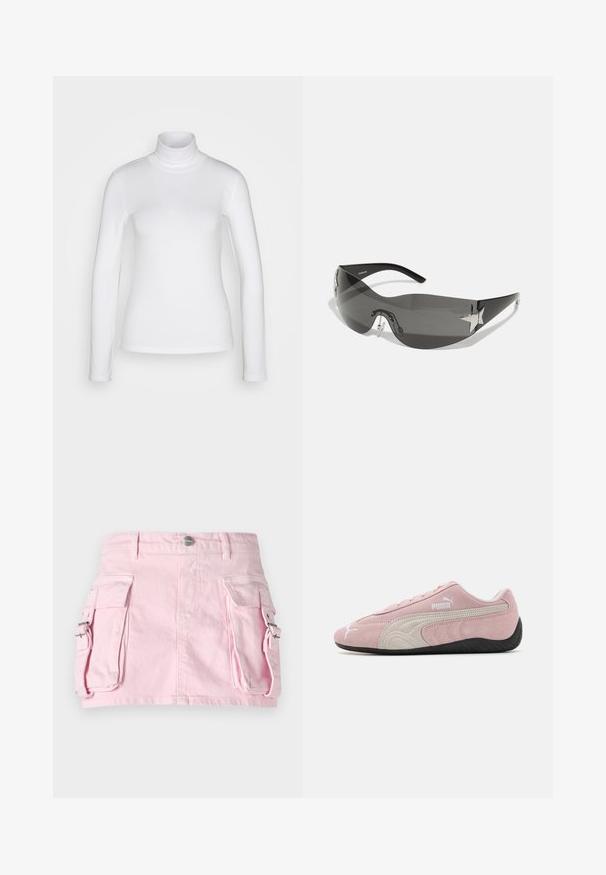 Bijela majica s dugim rukavima i visokim vratom od glatkog, rastezljivog materijala. Ima uski kroj i visoki ovratnik. Nema vidljivih uzoraka ili detalja.; Ružičasta traper suknja s dva bočna džepa, zatvaranje na srebrni snap dugme i strukturirani dizajn. Glatka tekstura s vidljivim šavovima.; Ružičaste suede tenisice s sivim akcentima, elegantan dizajn, teksturirani gornji dio i crna gumena potplat. Sadrži Puma logotip sa strane.; Crne sunčane naočale s dizajnom koji se obavija oko glave, tamno obojeni leće, sjajni akcenti u obliku zvijezda i podesive nosače.