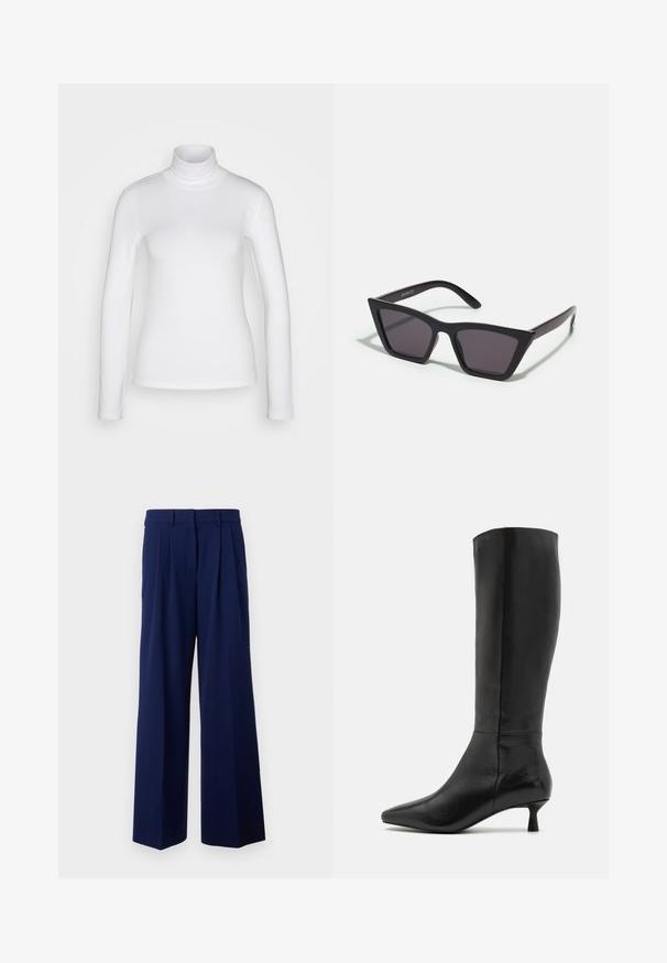 Biała bluzka z długim rękawem i kołnierzem typu golf wykonana z gładkiego, elastycznego materiału. Posiada dopasowany krój i wysoki kołnierz. Brak widocznych wzorów lub akcentów.; Granatowe, szerokie spodnie z wysokim stanem, z fałdami z przodu i gładką fakturą. Wykonane z lekkiego, zwiewnego materiału.; Zign - Kozaki; Czarne, kanciaste okulary przeciwsłoneczne z szarymi soczewkami; wykonane z plastiku, z grubymi zausznikami o gładkiej powierzchni i bez widocznych elementów metalowych.