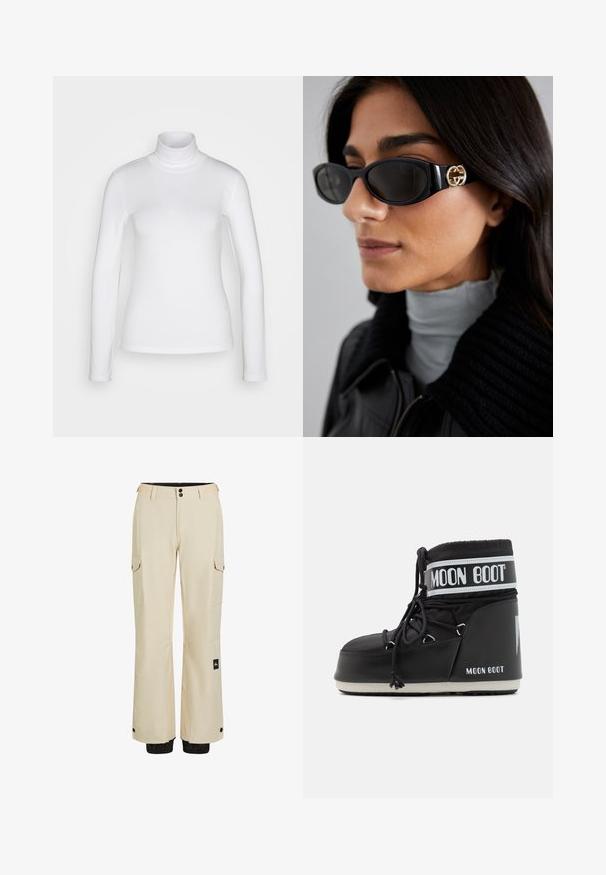 Biała bluzka z długim rękawem i kołnierzem typu golf wykonana z gładkiego, elastycznego materiału. Posiada dopasowany krój i wysoki kołnierz. Brak widocznych wzorów lub akcentów.; Beżowe spodnie cargo z prostym krojem, dwoma bocznymi kieszeniami i czarnym akcentem przy mankiecie. Wykonane z lekkiego materiału o gładkiej fakturze.; Czarne buty Moon Boot z wyściełanym cholewką, zabezpieczone sznurówkami i charakterystycznym białym paskiem z logo. Gruba, teksturowana gumowa podeszwa.; Czarne okulary przeciwsłoneczne o eleganckim, prostokątnym kształcie z logo w kolorze złotym na boku. Ciemne soczewki i błyszczące wykończenie są wyraźnie widoczne.