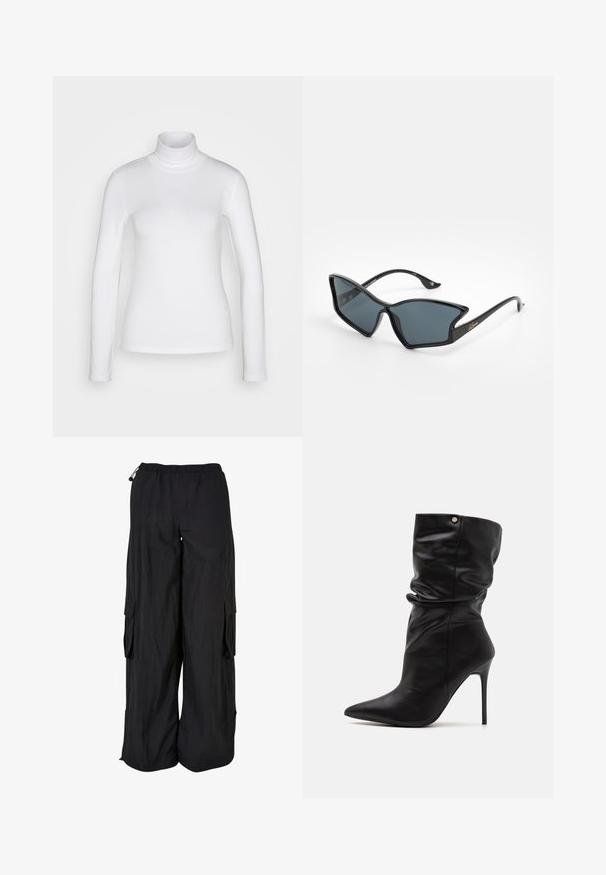 Vit långärmad polotröja tillverkad av ett smidigt, stretchigt material. Har en åtsittande passform och en hög krage. Inga synliga mönster eller detaljer.; Svarta cargobyxor med elastisk midja, lös passform, lättviktsmaterial, sidofickor och subtil texturfinish.; Even&Odd Wide Fit Klassiska stövletter - black; Svarta plastsolglasögon med geometrisk kattöga-form, grå linser och guldbeklädnader på bågarna. Slät yta över hela ramen.; Svart texturerad handväska med dubbla handtag på toppen, avtagbar axelrem, präglad logotyp och detaljer i guldfärg.