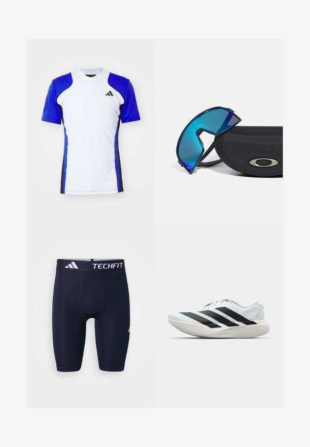 Koszulka sportowa z krótkim rękawem w kolorze białym z niebieskimi rękawami, z czarnymi akcentami po bokach i małym czarnym logo na piersi. Gładkie wykończenie materiału.; Granatowe szorty sportowe TECHFIT o dopasowanym kroju, elastyczny pas z białym logo oraz gładki, rozciągliwy materiał.; Lekkie buty do biegania w jasnoniebieskim kolorze z czarnymi pasami. Posiadają gładką cholewkę, okrągły nosek oraz grubą białą podeszwę środkową oznaczoną "LIGHTSTRIKE PRO."; Niebieskie okulary przeciwsłoneczne w sportowym stylu, z efektem wraparound, leżące na teksturowanym czarnym etui z metalowym akcentem logo.
