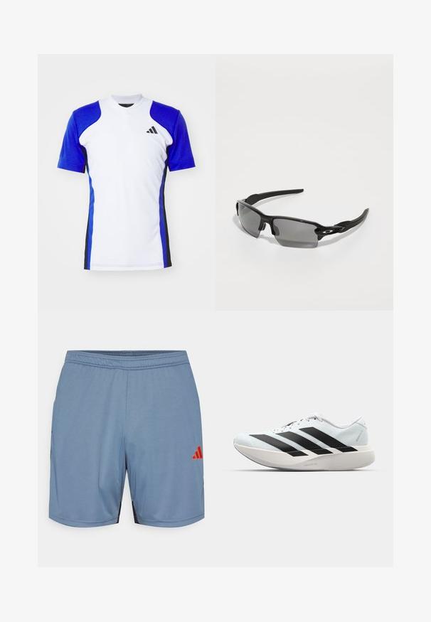 Kurzes Sportshirt in Weiß mit blauen Ärmeln, ausgestattet mit schwarzen seitlichen Akzenten und einem kleinen schwarzen Logo auf der Brust. Glatte Stoffoberfläche.; Hellblaue Sportshorts mit schwarzen seitlichen Akzenten, elastischem Bund und einem orangefarbenen Adidas-Logo. Hergestellt aus glattem, leichtem Stoff.; Leichte Laufschuhe in hellblau mit schwarzen Streifen. Sie verfügen über ein glattes Obermaterial, eine runde Zehenpartie und eine dicke weiße Zwischensohle, die mit "LIGHTSTRIKE PRO" beschriftet ist.; Schwarze Sportsonnenbrille mit grauen Gläsern, geschwungenem Rahmendesign und Logodetail an der Seite. Hergestellt aus leichtem Kunststoffmaterial.