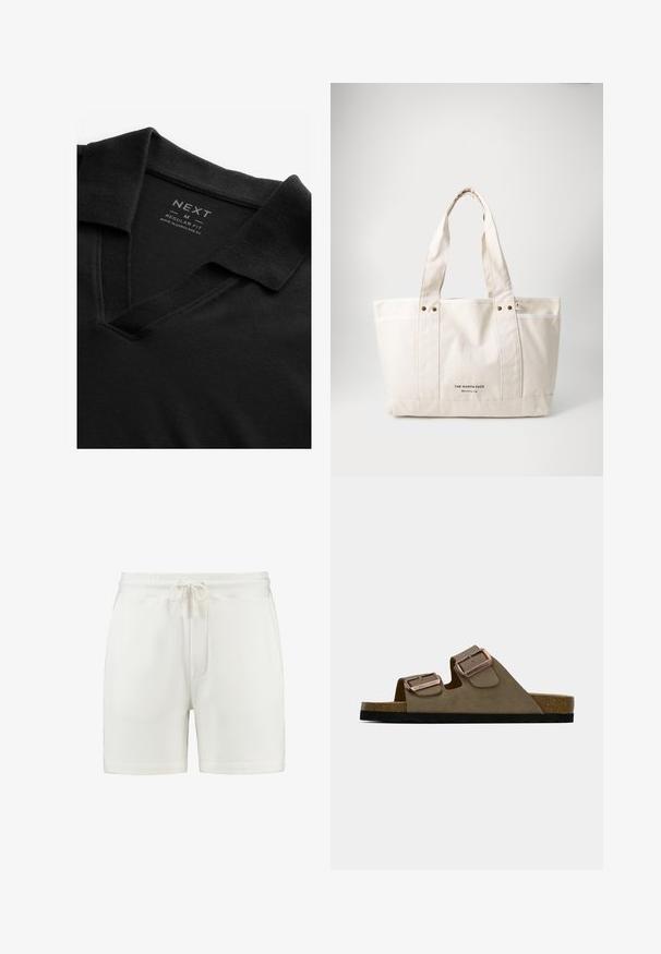 Polo shirt nera con scollatura a V e tessuto strutturato. Presenta un colletto ribattuto e un'etichetta che mostra il marchio e le informazioni sulle taglie. Vestibilità regolare.; Pantaloni corti bianchi in cotone con cintura elastica, cordoncino regolabile e tasche laterali. Tessuto morbido, lunghezza a metà coscia.; Sandali in suede marrone con due cinturini regolabili e fibbie metalliche. Soletta in sughero e suola nera testurizzata. Design open-toe.; Borsa in tela color beige chiaro con due manici resistenti, rifiniture bianche a contrasto e logo "THE NORTH FACE" in nero sul davanti.