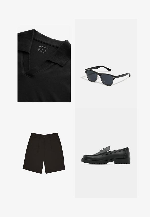 Polo shirt nera con scollatura a V e tessuto strutturato. Presenta un colletto ribattuto e un'etichetta che mostra il marchio e le informazioni sulle taglie. Vestibilità regolare.; Pantaloni corti neri realizzati in un tessuto liscio, caratterizzati da un unico bottone davanti, pieghe e tasche laterali, progettati per una vestibilità comoda.; Mocassini in pelle nera con punta rotonda, caratterizzati da un design cucito, suola piatta bassa e un battistrada in gomma testurizzata e scolpita.; Occhiali da sole neri con forma rettangolare, lenti scure, dettagli in argento alle tempie e finitura opaca sulla montatura.