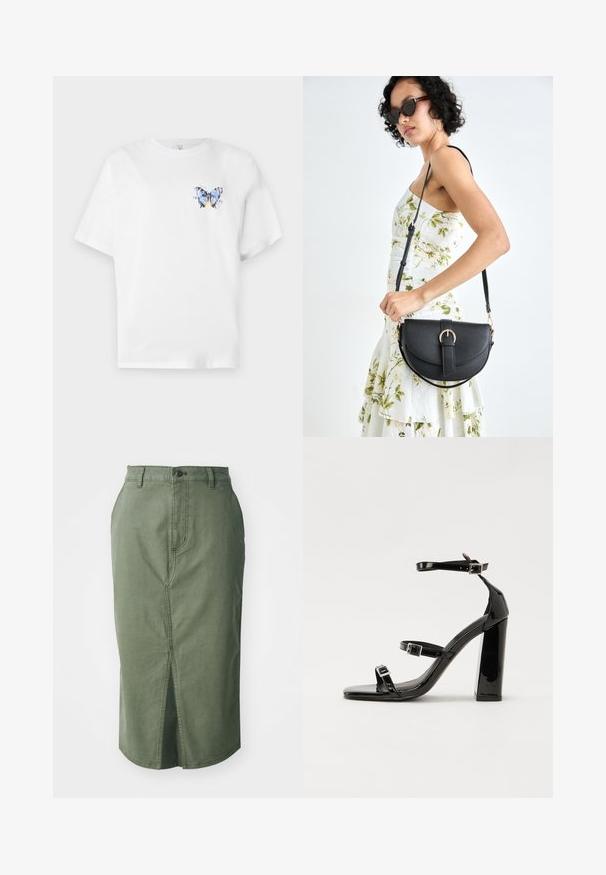 White cotton t-shirt featuring a colorful butterfly print on the left chest. Short sleeves and a relaxed fit.; Olive green denim skirt with a mid-length cut, front slit, traditional waistline with a button closure, and stitched detailing along seams.; Black patent high-heeled sandals with two buckle straps, square toe, and a chunky block heel, featuring a smooth, glossy texture.; Black leather handbag with a curved shape, detachable strap, and gold hardware. The bag features a flap with a buckle detail.