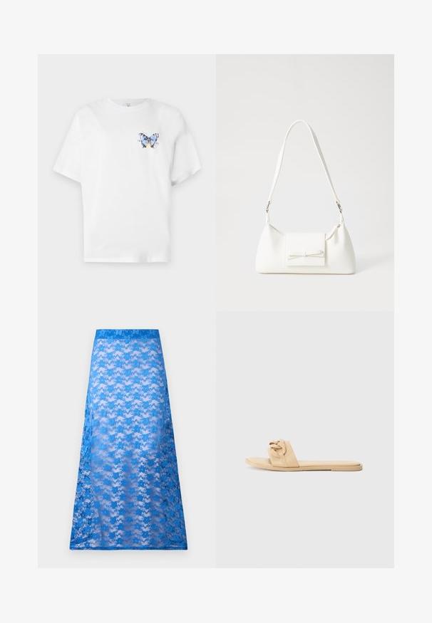 Vit bomulls t-shirt med en färgglad fjärilsdesign på vänster bröst. Kortärmad och med en avslappnad passform.; Blå spetsmaxikjol med en genomskinlig textur, prydd med ett blomsterdesign och en enhetlig blå midja. Flödar mjukt från höften till fållen.; Nude slide sandals tillverkade av slätt syntetiskt material, med en knuten remdesign och en platt sula, utan synliga detaljer eller accenter.; Vit syntetisk handväska med triangulär form, platt framklaff och rosettdetalj, justerbar rem, slät textur och minimalistisk design.