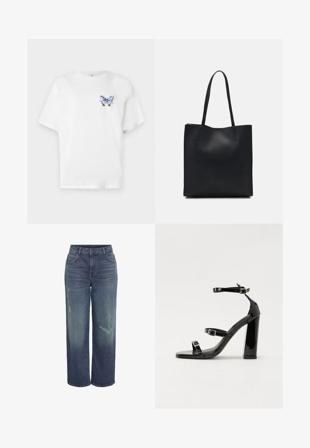 Balta medvilninė marškinė su spalvingu drugelio atspaudu kairėje krūtinės pusėje. Trumpomis rankovėmis ir laisvu siluetu.; Mėlynos džinsinės plačios kojos kelnės su aukštu liemeniu, turinčios nusidėvėjusių vietų ir klasikinį penkių kišenių dizainą. Minkšta tekstūra, laisvas siluetas.; Juodos patentuotos aukštakulnės basutės su dviem sagtelėmis, kvadratine nosimi ir stambiu blokiniu kulnu, pasižyminčios lygiu, blizgiu paviršiumi.; Juodas odinis tote krepšys su lygia tekstūra, stačiakampio formos ir dviem ilgais rankenomis. Matomų metalinių detalių ar puošybos nėra.