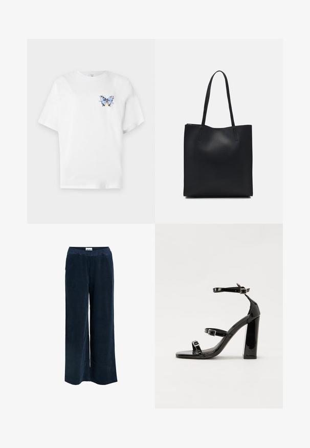 Hvit bomulls t-skjorte med et fargerikt sommerfugltrykk på venstre bryst. Korte ermer og en avslappet passform.; Mørkeblå vide bukser laget av teksturert kordfløyel med elastisk midjebånd og sidelommer.; Svart høyglans sandaler med hæl, firkantet tå, ankelremmer og sølvspenner. Har en kraftig blokkhæl for stabilitet.; Svart lær tote bag med glatt tekstur, rektangulær form og to lange håndtak. Ingen synlige deler eller dekorasjoner.
