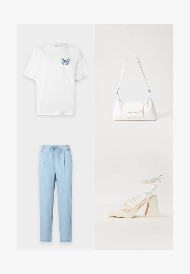 Balts kokvilnas t-krekls ar krāsainu tauriņa apdruku kreisajā krūtīs. Īsas piedurknes un brīvs piegriezums.; Gaiši zili, lina auduma bikses ar aukliņas jostu, šaurām kājām un sānu kabatām. Gluda tekstūra; nav redzamu rakstu vai akcentu.; Baltas augstpapēžu sandales ar masīvu papēdi, ar siksnu dizainu un potītes saistītiem elementiem. Gluda tekstūra ar platformu priekšpusē, lai nodrošinātu papildu augstumu.; Balta sintētiska soma ar trīsstūrveida formu, plakanu priekšējo vāciņu un loku detaļu, regulējamu siksnu, gludu tekstūru un minimālistisku dizainu.