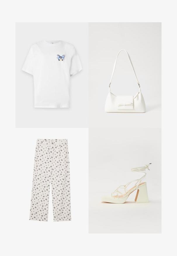 Tricou alb din bumbac, cu un imprimeu colorat cu fluturi pe partea stângă a pieptului. Mâneci scurte și o croială lejeră.; Pantaloni albi din țesătură cu un model floral mic, de culoare neagră, design cu picioare largi și talie standard, dotati cu buzunare frontale.; Sandale albe cu toc înalt și gros, cu un design cu curele și legătură la gleznă. Textură netedă, cu o platformă frontală pentru înălțime suplimentară.; Geantă sintetică albă, cu formă triangulară, capac frontal plat și detaliu cu fundă, curea ajustabilă, textură netedă și design minimalist.