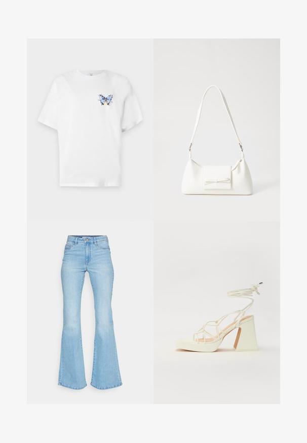 White cotton t-shirt featuring a colorful butterfly print on the left chest. Short sleeves and a relaxed fit.; Light blue flared jeans made of denim, featuring a high waist, front pockets, and a clean finish on the hems with visible stitching.; White high-heeled sandal with a chunky heel, featuring a strappy design and ankle tie. Smooth texture with a platform front for added height.; White synthetic handbag with a triangular shape, flat front flap and bow detail, adjustable strap, smooth texture, and minimalistic design.