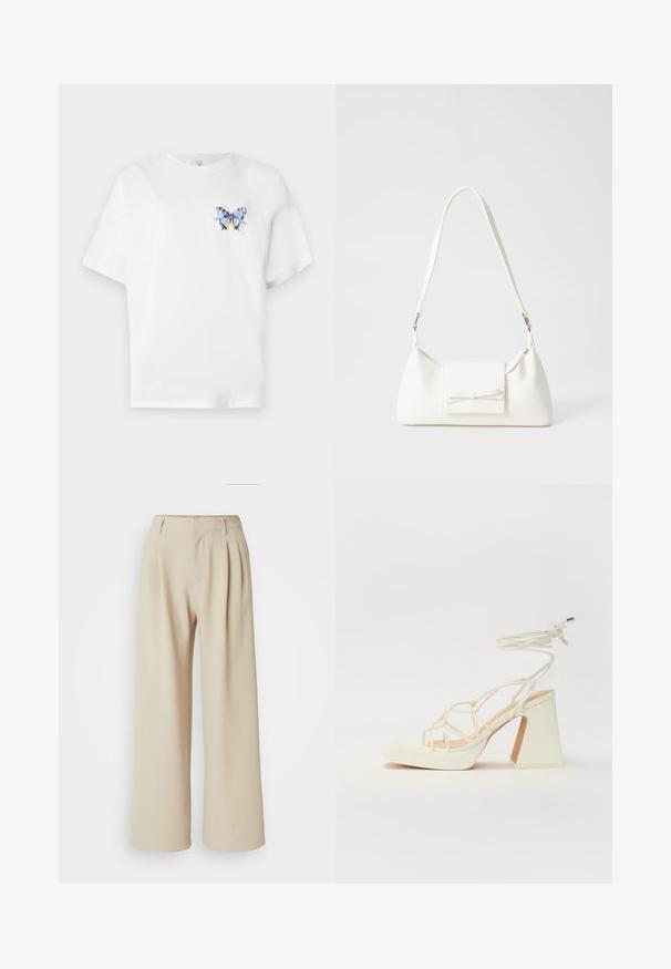 Tricou alb din bumbac, cu un imprimeu colorat cu fluturi pe partea stângă a pieptului. Mâneci scurte și o croială lejeră.; Pantaloni largi bej, cu talie înaltă, față pliată și textură netedă a stofei. Fără închideri vizibile sau modele.; Sandale albe cu toc înalt și gros, cu un design cu curele și legătură la gleznă. Textură netedă, cu o platformă frontală pentru înălțime suplimentară.; Geantă sintetică albă, cu formă triangulară, capac frontal plat și detaliu cu fundă, curea ajustabilă, textură netedă și design minimalist.