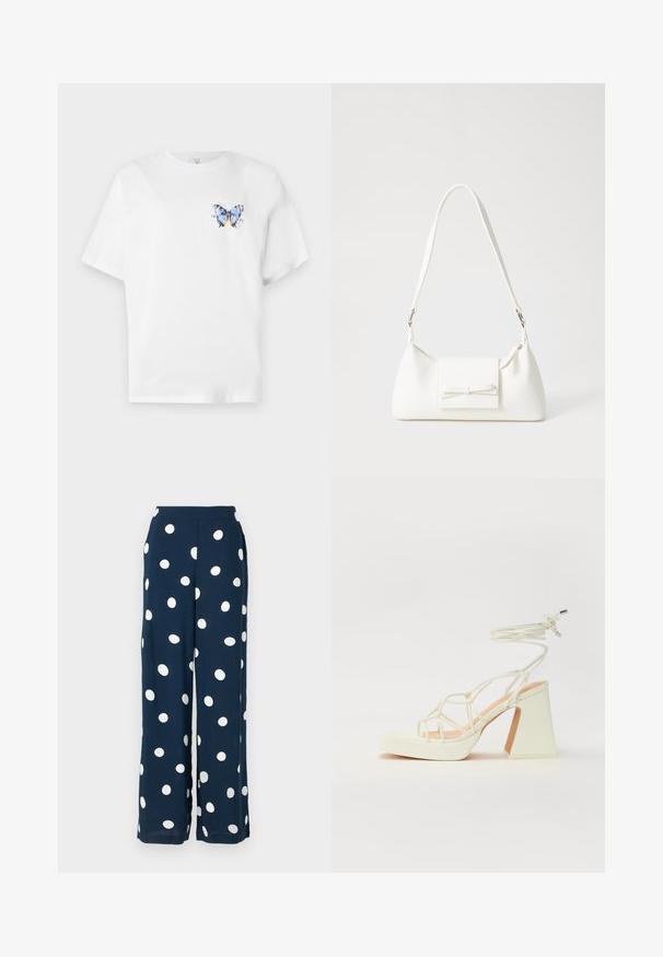 Balta medvilninė marškinė su spalvingu drugelio atspaudu kairėje krūtinės pusėje. Trumpomis rankovėmis ir laisvu siluetu.; Jūrų laivyno plačios kojų kelnės, pagamintos iš lengvos medžiagos, su didelėmis baltomis taškelėmis, lygiu juosmeniu ir laisvu siluetu.; Balti aukštakulniai sandalai su masyviu kulnu, su dirželių dizainu ir kulkšnies raiščiu. Lygi tekstūra su platforma priekyje, suteikianti papildomą aukštį.; Balta sintetinė rankinė trikampio formos, plokščiu priekiu su užsegimu, kaspino detale, reguliuojama dirželiu, lygia tekstūra ir minimalistišku dizainu.
