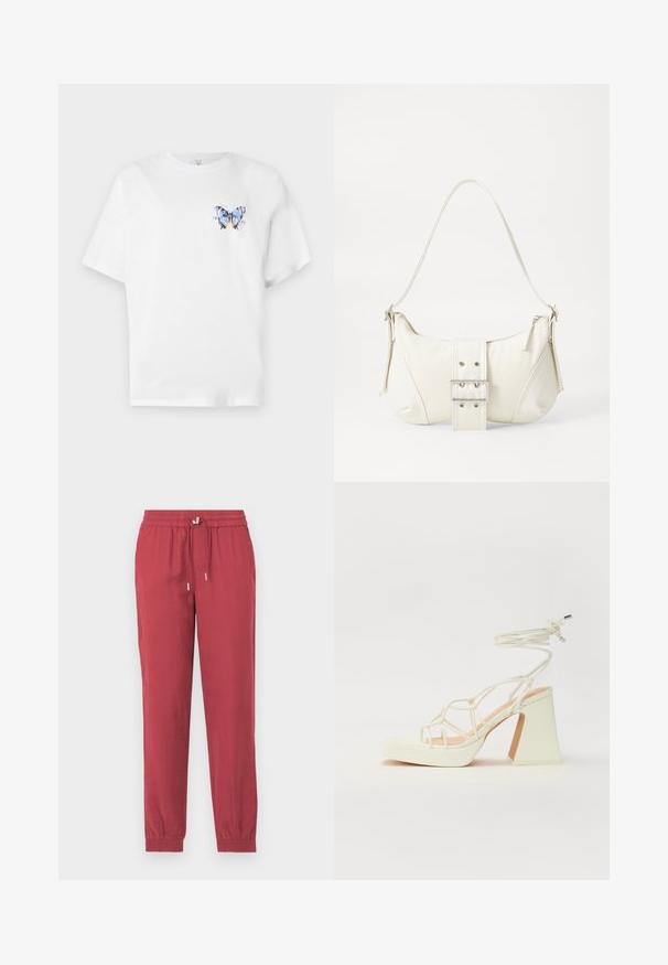 Hvit bomulls t-skjorte med et fargerikt sommerfugltrykk på venstre bryst. Korte ermer og en avslappet passform.; Røde, lette, tapered bukser med elastisk talje og snor. Har ankelsømmer og en glat tekstur.; Hvit høyhælte sandal med kraftig hæl, med en stroppe-design og ankelbånd. Glatt tekstur med plattform foran for ekstra høyde.; Hvit skulderveske med teksturert overflate, sentral spennefokus og buet form. Glidelåslukking på begge sider.