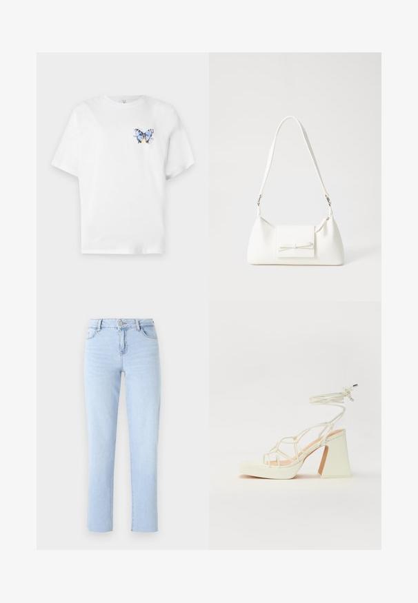 Tricou alb din bumbac, cu un imprimeu colorat cu fluturi pe partea stângă a pieptului. Mâneci scurte și o croială lejeră.; Jeans drept de culoare albastru deschis, din denim, cu un talie standard, cinci buzunare și detalii subtile de cusătură.; Sandale albe cu toc înalt și gros, cu un design cu curele și legătură la gleznă. Textură netedă, cu o platformă frontală pentru înălțime suplimentară.; Geantă sintetică albă, cu formă triangulară, capac frontal plat și detaliu cu fundă, curea ajustabilă, textură netedă și design minimalist.