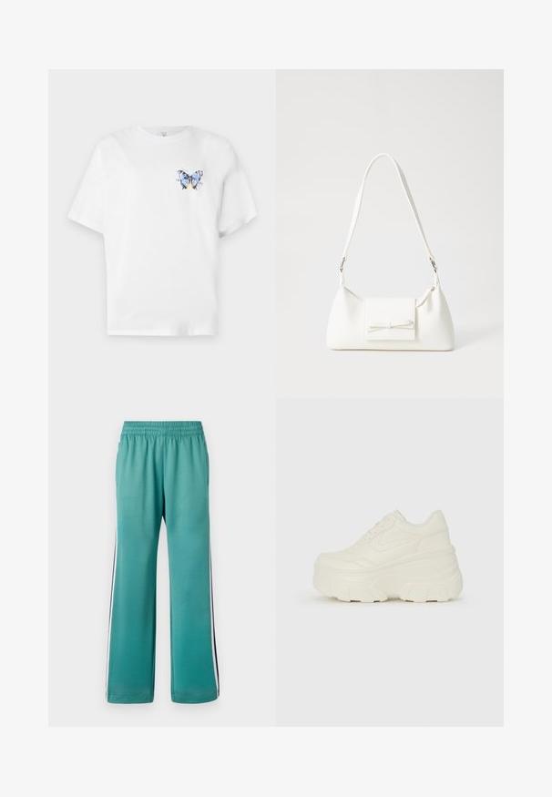 Valkoinen puuvillapaita, jossa on värikäs perhospainatus vasemmalla rinnalla. Lyhyet hihat ja rento malli.; Turkoosi verkkohousut, joissa on joustava vyötärö, leveät lahkeet ja sivuviirut tummansinisessä ja valkoisessa. Sileä kangas, jossa on matta pinta.; Valkoiset tasapohjakengät, joissa on sileä nahkamainen päällinen, pyöristetty muoto, pehmustettu nilkkaosa ja texturoitu kumipohja, jossa on hyvin määritellyt urat.; Valkoinen synteettinen käsilaukku, jossa on kolmikulmainen muoto, tasainen etu läppä ja nauhadetail, säädettävä olkahihna, sileä rakenne ja minimalinen muotoilu.