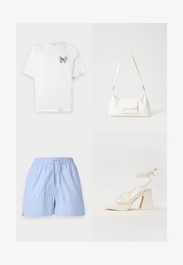 Vit bomulls t-shirt med en färgglad fjärilsdesign på vänster bröst. Kortärmad och med en avslappnad passform.; Blå och vit rutig shorts med elastiskt midjeband och justerbar dragsko. Mjuk bomullstyg, avslappnad passform och sidofickor.; Vit högklackad sandal med en kraftig klack, med ett remdesign och ankelband. Slät textur med en plattform framtill för ökad höjd.; Vit syntetisk handväska med triangulär form, platt framklaff och rosettdetalj, justerbar rem, slät textur och minimalistisk design.