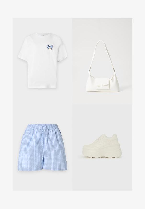 Vit bomulls t-shirt med en färgglad fjärilsdesign på vänster bröst. Kortärmad och med en avslappnad passform.; Blå och vit rutig shorts med elastiskt midjeband och justerbar dragsko. Mjuk bomullstyg, avslappnad passform och sidofickor.; Vita plattformssneakers med en slät läderliknande överdel, rundad form, vadderad krage och texturerad gummisula med definierade mönster.; Vit syntetisk handväska med triangulär form, platt framklaff och rosettdetalj, justerbar rem, slät textur och minimalistisk design.