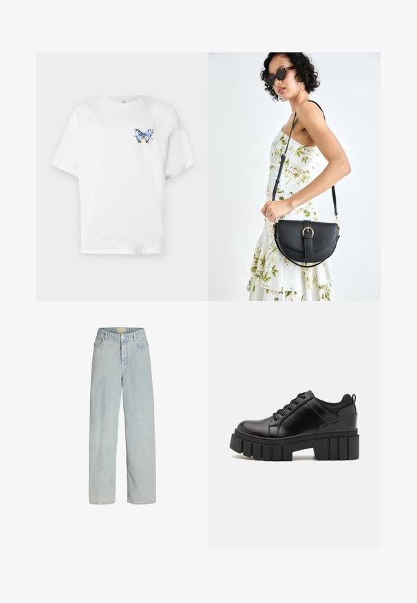 Valkoinen puuvillapaita, jossa on värikäs perhospainatus vasemmalla rinnalla. Lyhyet hihat ja rento malli.; Vaaleansiniset leveät farkuhousut, joissa on korkea vyötärö, etutaskut ja nappikiinnitys. Kangas on pehmeää ja hieman tekstuuriista.; Mustat nahkakengät, joissa on lättihenkinen korko, pyöreä kärki ja perinteinen nauhakiinnitys. Ominaisuuksiin kuuluu sileä pintakuvio ja minimaalinen yksityiskohtaisuus.; Musta nahkainen käsilaukku, joka on kaareva muotoilultaan, irrotettavalla hihnalla ja kultaisilla yksityiskohdilla. Laukussa on läppä, jossa on solk yksityiskohta.