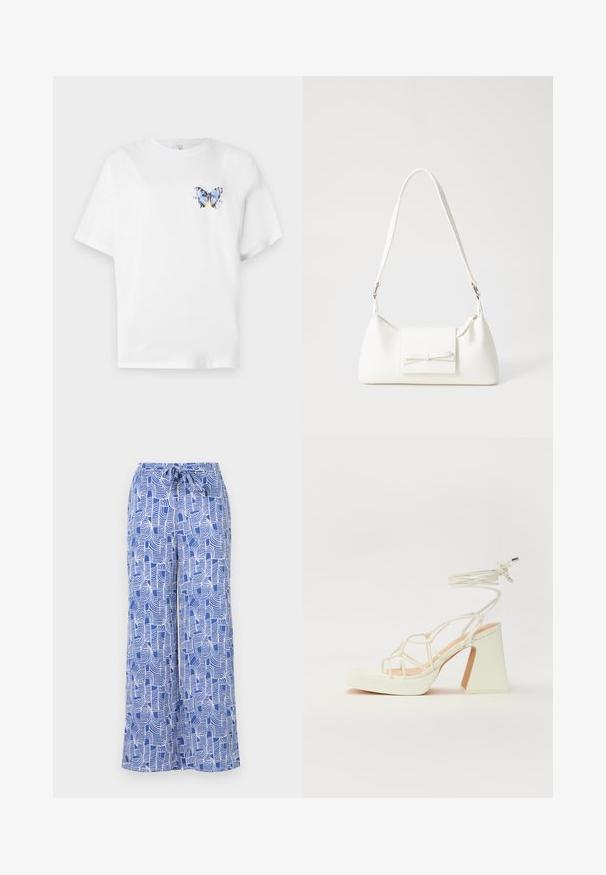 White cotton t-shirt featuring a colorful butterfly print on the left chest. Short sleeves and a relaxed fit.; Blue patterned wide-leg pants featuring a drawstring waist, made of lightweight fabric with white abstract line designs.; White high-heeled sandal with a chunky heel, featuring a strappy design and ankle tie. Smooth texture with a platform front for added height.; White synthetic handbag with a triangular shape, flat front flap and bow detail, adjustable strap, smooth texture, and minimalistic design.