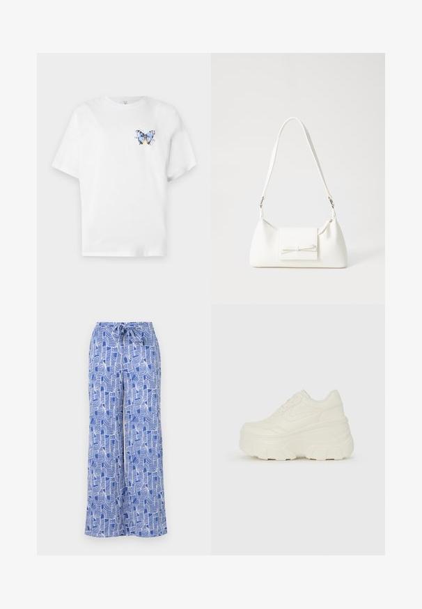 White cotton t-shirt featuring a colorful butterfly print on the left chest. Short sleeves and a relaxed fit.; Blue patterned wide-leg pants featuring a drawstring waist, made of lightweight fabric with white abstract line designs.; White platform sneakers featuring a smooth leather-like upper, rounded shape, padded collar, and textured rubber sole with defined treads.; White synthetic handbag with a triangular shape, flat front flap and bow detail, adjustable strap, smooth texture, and minimalistic design.