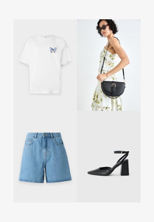 Valge puuvillane T-särk, millel on värviline liblikakujutis vasakul rinnal. Lühikesed varrukad ja mugav lõige.; Heledad sinised teksapüksid kõrge vöökohaga, kahe esi-taskuga ja nööp kinnitusega. Kangas on sileda tekstuuriga ning õrnalt tuhmunud.; Mustmustest must-käigukingad, millel on konksuga nöör ja paks konts. Ühtlane tekstuur, stiilne disain ja minimalistlik esteetika.; Mustmust mustraha kõverate joontega, eemaldatava rihmaga ja kuldsete detailidega. Kotil on klapp, millel on pandladetail.