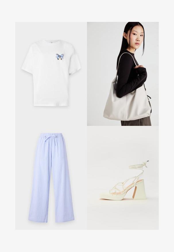 Weißes Baumwoll-T-Shirt mit einem bunten Schmetterlingsdruck auf der linken Brust. Kurze Ärmel und ein lockerer Schnitt.; Hellblaue gestreifte weite Hose mit elastischem Bund und verstellbarem Bindeband. Aus einem weichen Stoff mit vertikalen Streifen für zusätzliche Textur.; Weiße High-Heel-Sandale mit einem klobigen Absatz, die über ein Riemchendesign und ein Knöchelband verfügt. Glatte Textur mit einer Plattform vorne für zusätzliche Höhe.; Beige Handtasche aus weichem Material, mit einem lässigen Design, gesteppten Details und zwei Schulterriemen. Geeignet für den täglichen Gebrauch.