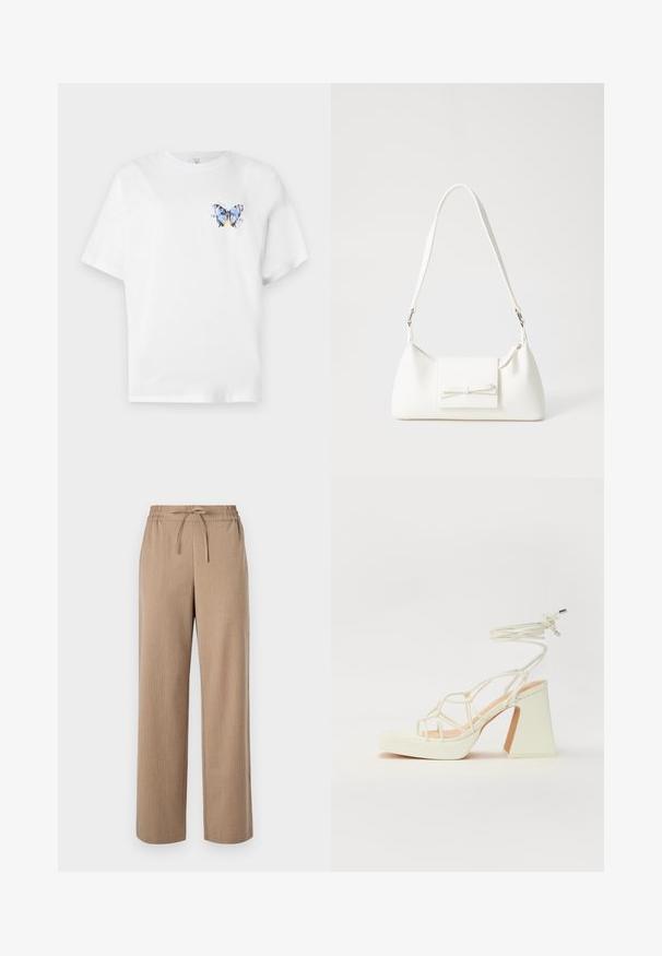 Balts kokvilnas t-krekls ar krāsainu tauriņa apdruku kreisajā krūtīs. Īsas piedurknes un brīvs piegriezums.; Beigās platās bikses, izgatavotas no teksturēta auduma, ar elastīgu jostu un sasienamu detalizāciju, ar nelielām vertikālām svītrām.; Baltas augstpapēžu sandales ar masīvu papēdi, ar siksnu dizainu un potītes saistītiem elementiem. Gluda tekstūra ar platformu priekšpusē, lai nodrošinātu papildu augstumu.; Balta sintētiska soma ar trīsstūrveida formu, plakanu priekšējo vāciņu un loku detaļu, regulējamu siksnu, gludu tekstūru un minimālistisku dizainu.