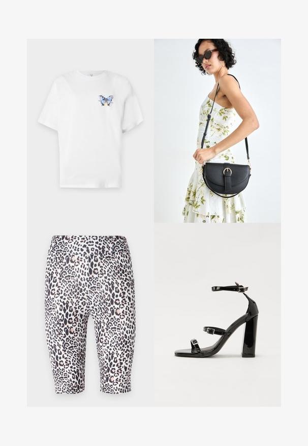 Fehér pamut póló, amelyen egy színes pillangómintázat található a bal mellrészen. Rövid ujjak és laza szabás jellemzi.; Noisy May NMPARLA SHORTS - Rövidnadrágok - silver lining; Fekete lakk magas sarkú szandál két csatos pánttal, négyzet alakú orral és tömzsi blokk sarokkal, sima, fényes felülettel.; Fekete bőrtáska ívelt formával, levehető pánttal és arany színű fémrészekkel. A táskán egy csattal díszített fedél található.