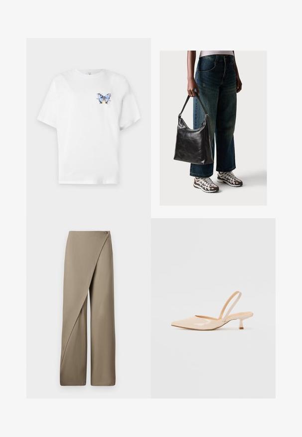 Fehér pamut póló, amelyen egy színes pillangómintázat található a bal mellrészen. Rövid ujjak és laza szabás jellemzi.; Beige, bőszárú nadrág, drapériás elülső résszel, egy gombos záródással és sima, könnyű szövettextúrával.; Bézs színű lakkbőr slingback magassarkú cipők hegyes orral és vékony, négyzetes sarkú dizájnnal. Simább textúra és minimalista stílus, díszítések nélkül.; Fekete bőr válltáska sima textúrával és állítható pánttal, melyet elnyűtt, bő szárú farmernadrággal és sportcipőkkel párosítottak.