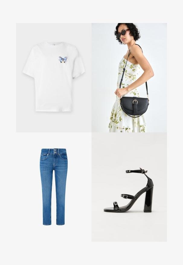 Balta medvilninė marškinė su spalvingu drugelio atspaudu kairėje krūtinės pusėje. Trumpomis rankovėmis ir laisvu siluetu.; Mėlynus džinsinius kelnes su tiesiu siluetu, dviem priekinių kišenėmis, mygtukų užtrauktuku su dviem mygtukais ir subtiliomis nusidėvėjimo žymėmis ant kojų.; Juodos patentuotos aukštakulnės basutės su dviem sagtelėmis, kvadratine nosimi ir stambiu blokiniu kulnu, pasižyminčios lygiu, blizgiu paviršiumi.; Juodas odinis krepšys su išlenkta forma, nuimamu dirželiu ir auksiniais detalėmis. Krepšys turi kilpą su sagtimi.