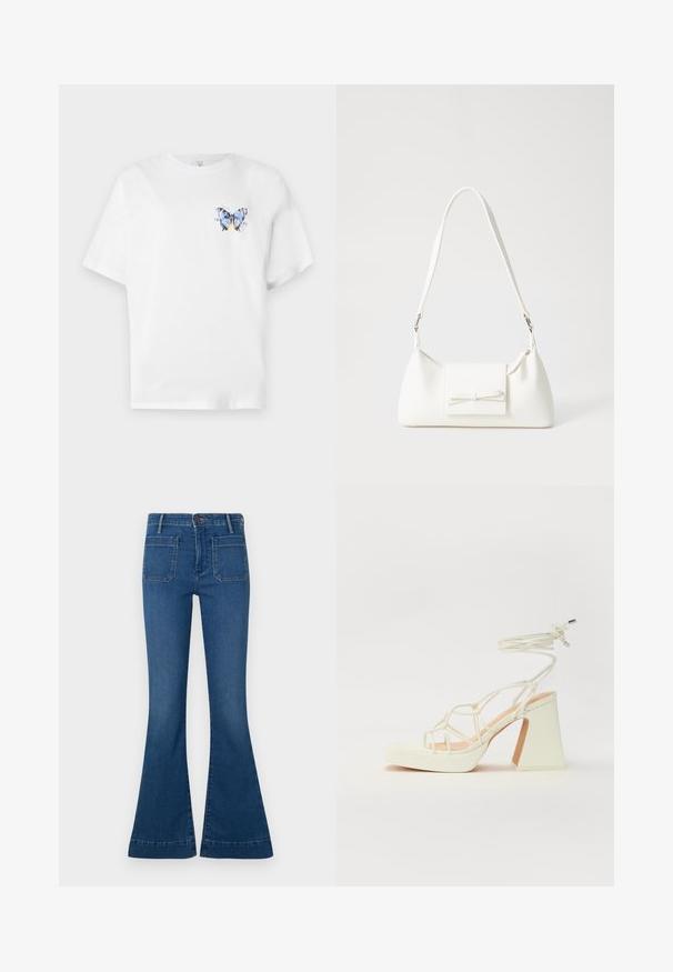 White cotton t-shirt featuring a colorful butterfly print on the left chest. Short sleeves and a relaxed fit.; Blue flared jeans made of denim, featuring a mid-rise waist, two back pockets, and a stitched hem. Smooth texture with a slightly faded look.; White high-heeled sandal with a chunky heel, featuring a strappy design and ankle tie. Smooth texture with a platform front for added height.; White synthetic handbag with a triangular shape, flat front flap and bow detail, adjustable strap, smooth texture, and minimalistic design.