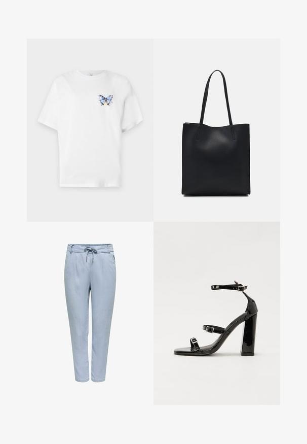 Balta medvilninė marškinė su spalvingu drugelio atspaudu kairėje krūtinės pusėje. Trumpomis rankovėmis ir laisvu siluetu.; Sviestės mėlynos spalvos siaurėjantys kelnės, pagamintos iš sklandžios, lengvos medžiagos. Yra elastinė juosmens juosta su raiščiu ir šoninėmis kišenėmis.; Juodos patentuotos aukštakulnės basutės su dviem sagtelėmis, kvadratine nosimi ir stambiu blokiniu kulnu, pasižyminčios lygiu, blizgiu paviršiumi.; Juodas odinis tote krepšys su lygia tekstūra, stačiakampio formos ir dviem ilgais rankenomis. Matomų metalinių detalių ar puošybos nėra.