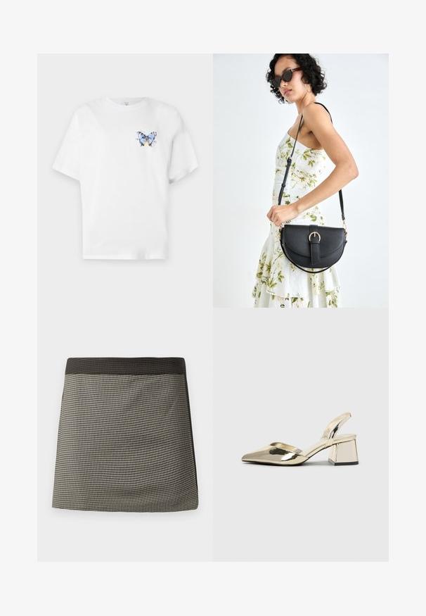 Valge puuvillane T-särk, millel on värviline liblikakujutis vasakul rinnal. Lühikesed varrukad ja mugav lõige.; Mustvalge ruuduline seeliku, millel on sirge lõige ja ühtlane mustriga, sile tekstuur ning kindel must vöökoht.; Kuldne, metallilised slingback-kudumid terava varba ja paksu kontsaga. Sile tekstuur, minimalistlik disain ja kitsas rihm.; Mustmust mustraha kõverate joontega, eemaldatava rihmaga ja kuldsete detailidega. Kotil on klapp, millel on pandladetail.
