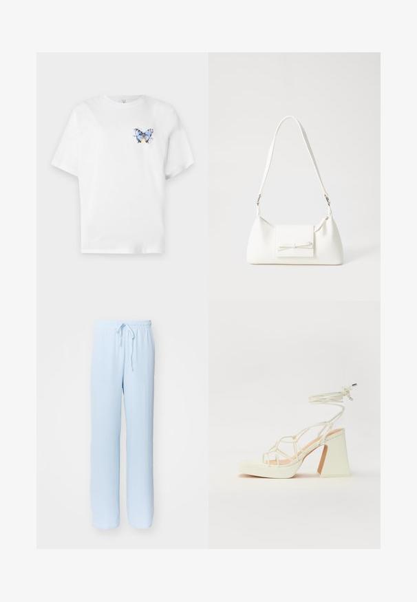Fehér pamut póló, amelyen egy színes pillangómintázat található a bal mellrészen. Rövid ujjak és laza szabás jellemzi.; Világoskék, laza szabású nadrág, rugalmas derékrésszel és állítható húzózsinórral; puha, légáteresztő anyagból készült, sima felülettel.; Fehér, magassarkú szandál vastag sarokkal, pántos dizájnnal és bokapánttal. Sima textúra, elülső platformmal a megnövelt magasság érdekében.; Fehér szintetikus kézitáska, háromszög alakú, lapos előlap, masni részlettel, állítható pánttal, sima textúrával és minimalista dizájnnal.