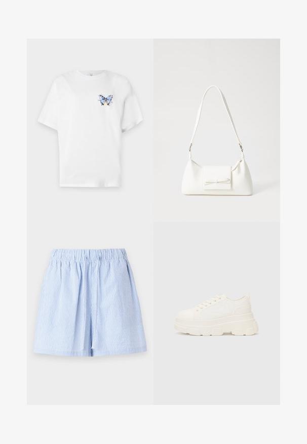 Balta medvilninė marškinė su spalvingu drugelio atspaudu kairėje krūtinės pusėje. Trumpomis rankovėmis ir laisvu siluetu.; Šviesiai mėlynos juostuotos šortai su elastine juosta ir raišteliu. Pagaminti iš minkštos medžiagos, su laisvu kirpimu ir raukiniais.; Balti drobės sportbačiai su storu padu, apvalia nosimi ir penkiomis akytėmis raištams. Gale yra kilputė, kad būtų lengva užsidėti. Sklandus paviršius, minimalistinis dizainas.; Balta sintetinė rankinė trikampio formos, plokščiu priekiu su užsegimu, kaspino detale, reguliuojama dirželiu, lygia tekstūra ir minimalistišku dizainu.
