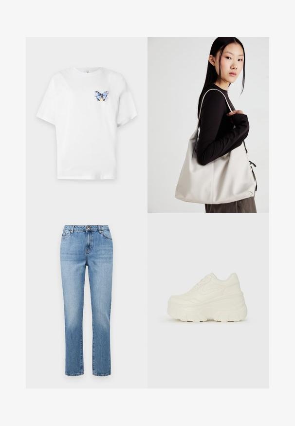 Tricou alb din bumbac, cu un imprimeu colorat cu fluturi pe partea stângă a pieptului. Mâneci scurte și o croială lejeră.; Jeans drept, de culoare albastru deschis, confecționați din denim, având un tiv cu bucle pentru curea, buzunare frontale și detalii subtile de decolorare.; Adidași platformă albi, cu un superior neted asemănător cu pielea, formă rotunjită, guler căptușit și talpă din cauciuc texturată cu borduri bine definite.; Geantă bej din material moale, cu un design lejer, detalii cusute și două bretele pentru umăr. Potrivită pentru utilizarea zilnică.