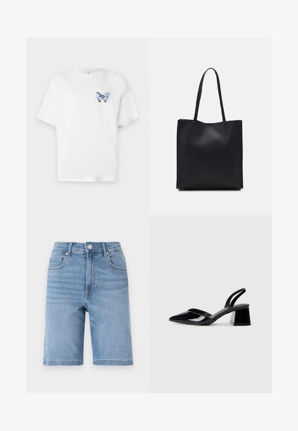 Bílý bavlněný tričko s barevným potiskem motýla na levé části hrudi. Krátké rukávy a volný střih.; Světle modré džíny šortky se střihem rovné linii, designem se pěti kapsami a kovovým zapínáním. Měkká textura s jemným vyblednutím.; Černé lakované kožené lodičky na pásku s špičatou špičkou a geometrickým blokovým podpatkem. Vyznačují se elegantním, minimalistickým designem a hladkým povrchem.; Černá kožená taška přes rameno s hladkým povrchem, obdélníkovým tvarem a dvěma dlouhými uchy. Žádné viditelné kování ani ozdoby.