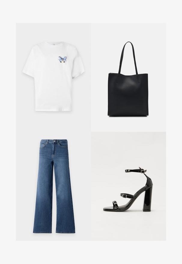 Tricou alb din bumbac, cu un imprimeu colorat cu fluturi pe partea stângă a pieptului. Mâneci scurte și o croială lejeră.; Jeans din denim bleu cu picioare largi, dotati cu un tiv standard, buzunare frontale si o textura neteda. Fără modele sau detalii vizibile.; Sandale negre din piele lacuită, cu toc înalt, două curele cu catarame, vârf pătrat și toc gros, având o textură netedă și lucioasă.; Geantă tote neagră din piele, cu textură netedă, formă rectangulară și două mânere lungi. Fără hardware vizibil sau ornamente.