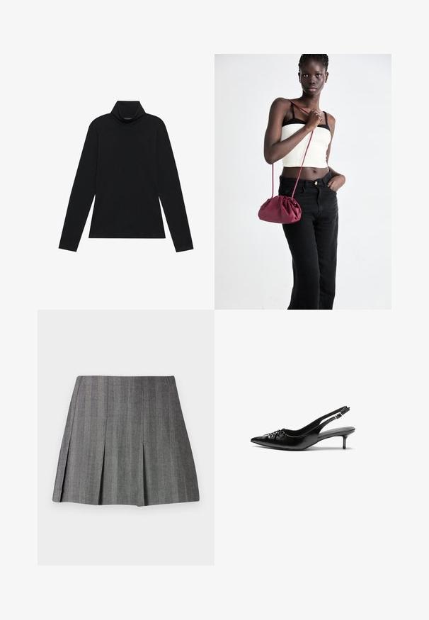 Mustat pitkät hiharat turtleneck-paidat. Pehmeä kangas, istuva muotoilu, korkea kaulus ja sivusaumat. Yksinkertainen ja monipuolinen tyyli, joka sopii kerroksittain käytettäväksi.; Harmaa laskoshame, jossa on struktuuroitu kangas ja pystysuorat raidat. Hameessa on muotoiltu vyötärö ja A-linjainen siluetti.; Mustat nahkaiset slingback-korkokengät, joissa on terävä kärki, pieni kitten-korko ja koristeellinen solki edessä. Yksinkertainen pinta kauttaaltaan.; Burgundi pehmeast kangast käekott, millel on kortsuline disain ja pikk rihm, kantud üle rinna. Modell kannab valget lühikest toppi ja musti teksaseid.
