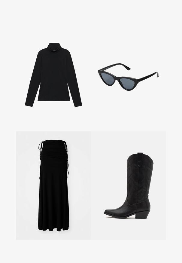 Črna dolgosleevna majica s turtleneck ovratnikom. Mehka tkanina, prilegajoča zasnova, visoka ovratnica in bočni šivi. Preprost in vsestranski slog, primeren za plastenje.; Črna, obleka do gležnjev iz mehkega, raztegljivega blaga z nabranim bodicem in nastavljivimi vezalkami na straneh, ki ustvarjajo tekoč silhuet.; Črne usnjene kavbojske škornje s koničastim nosom, nizkim nataknutim peto in zapletenim embosiranim listnatim vzorcem na šahu. Zanko na vrhu za lažje obuvanje.; Črne mačje oči sončna očala z temno sivo lečo, elegantnim plastičnim okvirjem, ostrimi koti in ravnimi vseski. Brez vidnih kovinskih delov ali okrasitev.; Burgundska kožna torbica s zakrivljenim oblikom, zlatnimi detajli na opremi in zadrgo. Ima odstranljiv naramni trak.