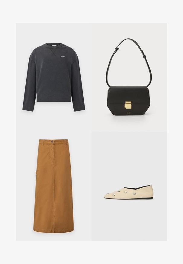 CLOSED CREWNECK LONGSLEEVE - Maglietta a manica lunga - black; Gonna midi in cotone marrone con chiusura a bottoni frontale, passanti per cintura e tasche laterali. Tessuto liscio e design a taglio dritto.; CLOSED Ballerine - ecru; CLOSED CLOSED ONE  - Borsa a tracolla - black