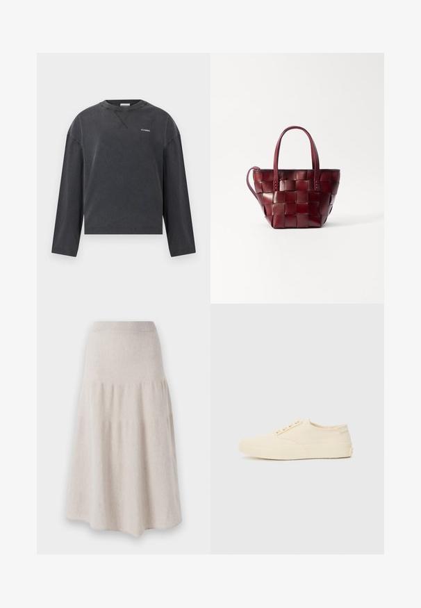 CLOSED CREWNECK LONGSLEEVE - Hosszú ujjú felső - black; Puha, textúrált anyagból készült bézs, térd középig érő szoknya, amelynek szoros dereka és lazán bővülő alsó része van, finom, rétegezett dizájnnal.; Elefántcsont színű vászon tornacipő, alacsony profilú, kerek orrú, hat fűzőlyukkal ellátott, cipőfűzéses kialakítással és textúrázott gumitalppal. Minimalista kivitelezés és hangsúlyos részletek.; Szőtt bordó bőr tote táska két rövid fogantyúval és levehető vállpánttal. Strukturált formája és sima textúrája jellemzi.