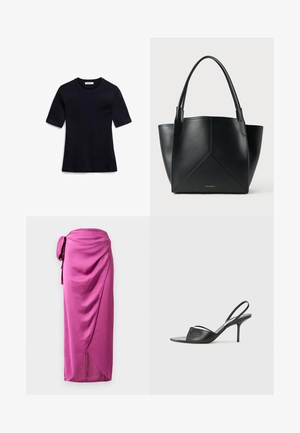 Marineblaue Kurzarm-T-Shirt aus weichem Material. Es hat einen gerippten Rundhalsausschnitt und einen geraden Saum, mit einem schlichten, ungeprägten Design.; Rosa Wickelrock mit seitlichem Bindeband, ausgestattet mit drapiertem Stoff, glatter Textur und asymmetrischem Saum. Leichtes Material mit fließendem Design.; Schwarze Leder-Slingback-Pumps mit spitzem Zehenbereich, dünnem Knöchelriemen und Stiletto-Absatz. Verfügt über ein geknotetes Detail auf dem Blatt.; Schwarze Ledertasche mit geometrischem Design, ausgestattet mit zwei Griffen und goldfarbener Markierung auf der Vorderseite. Glatte Textur und strukturierte Form.