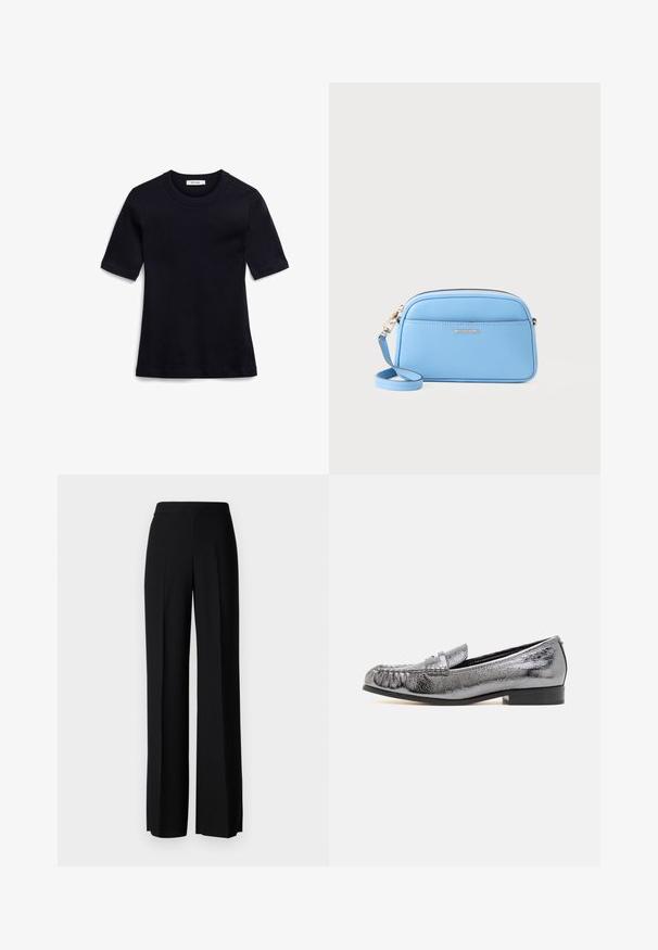 T-shirt a maniche corte blu navy realizzato in tessuto morbido. Presenta un colletto a girocollo rigato e un orlo dritto, con un design semplice e senza decorazioni.; Pantaloni neri a gamba larga con una texture liscia, dotati di una vita alta e pieghe centrali. Nessun motivo visibile o dettagli in metallo.; Mocassino in pelle metallic silver con finitura testurizzata, dotato di dettagli a frange e un tacco nero basso. Forma classica ed elegante.; Borsa a tracolla in pelle azzurro chiaro con dettagli in metallo oro, chiusura con zip e tasca frontale. Presenta un tracolla regolabile per maggiore comodità.