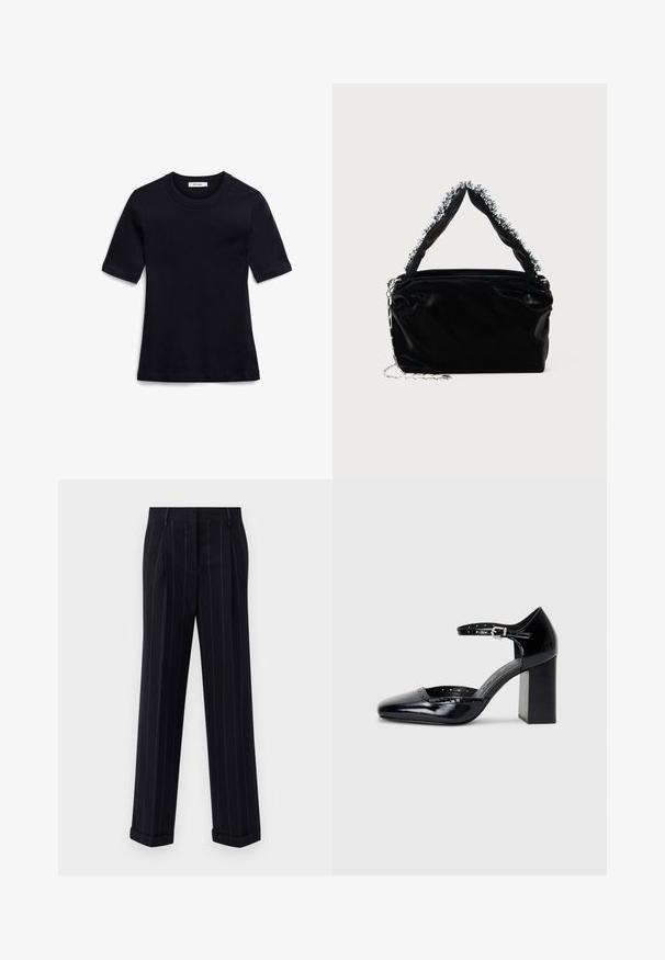 Tricou navy blue cu mâneci scurte, realizat dintr-un material moale. Dispune de un guler rotund cu nervuri și un tiv drept, având un design simplu, fără embellishments.; Pantaloni negri cu dungi, cu o croială adaptată, având o tivă cu manșetă și pliuri frontale. Construiți dintr-un material neted cu un design structurat.; Pantofi cu toc înalt din piele lăcuită neagră, cu vârf pătrat, curea pentru gleznă și toc gros. Include detalii perforate de-a lungul marginii.; Geantă din piele sintetică neagră cu un finisaj texturat, având un accent din mărgele argintii de-a lungul mânerului de sus și o curea din lanț.
