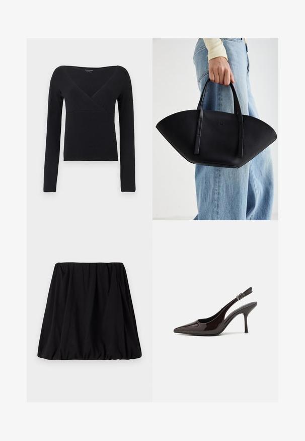 Camisa preta de manga longa com design em V, feita de tecido suave. Apresenta um corte ajustado e detalhes sem costura nos ombros.; Saias pretas, com pregas, feitas de um tecido macio, apresentando uma cintura elástica e um silhueta volumosa. Sem padrões ou detalhes visíveis.; Sapato de salto alto tipo slingback em verniz castanho escuro brilhante, com bico apontado, laterais abertas e tira ajustável ao tornozelo.; Bolsa de mão em couro preto com uma forma única em leque, apresentando alças planas. A superfície tem uma textura pebble e um design minimalista.