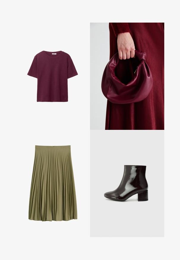 Burgundy kortärmad T-shirt i mjuk bomull. Har en klassisk rund halsringning och en avslappnad passform. Enfärgad, utan mönster eller detaljer.; Olivgrön midilång plisserad kjol med midjeband och dold dragkedjestängning bak.; Svarta lackläder ankle boots med spetsig tå och tjock klack. Slät yta med en subtil glans och rena linjer, minimalistisk design.; Burgundy läderhandväska med en mjuk, samlad design och rundad form. Handtaget är säkrat och visar en slät yta.